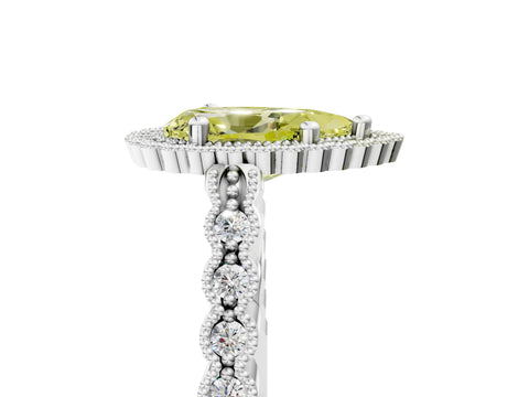 White gold Fancy Yellow Pear Cut Cut Halo Pavé Solitaire Ring with Milgrain Band_5
