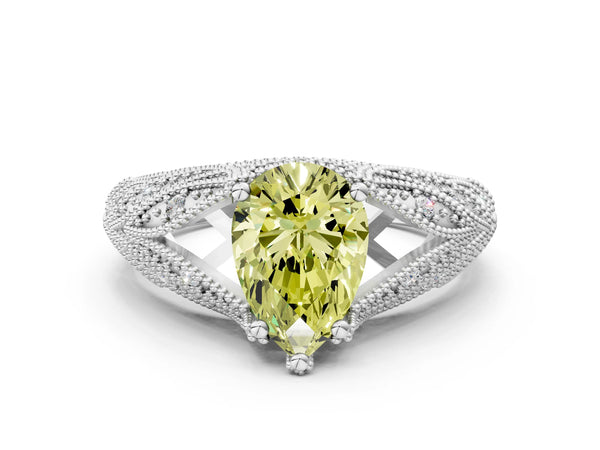 White gold Fancy Yellow Pear Cut Cut Milgrain Pave Diamond Engagement Ring with Four-Prong Setting