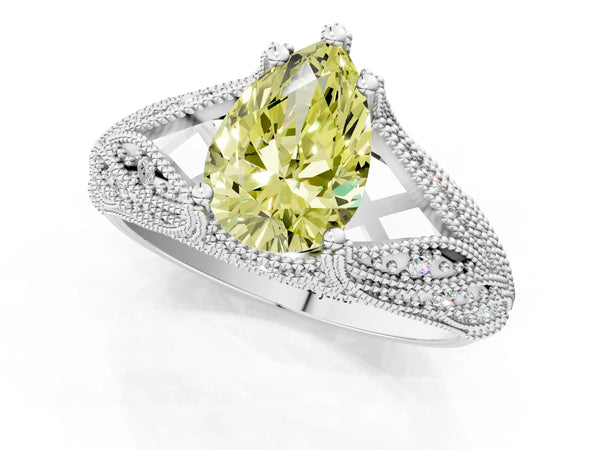 White gold Fancy Yellow Pear Cut Cut Milgrain Pave Diamond Engagement Ring with Four-Prong Setting
