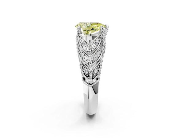 White gold Fancy Yellow Pear Cut Cut Milgrain Pave Diamond Engagement Ring with Four-Prong Setting