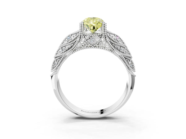 White gold Fancy Yellow Pear Cut Cut Milgrain Pave Diamond Engagement Ring with Four-Prong Setting