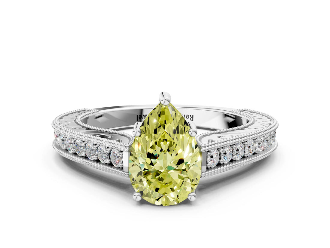 White gold Fancy Yellow Pear Cut Cut Pave Band Milgrain Solitaire Ring_18