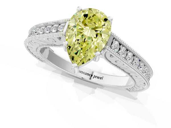 Platinum Pear-Shaped Vintage Pave Engagement Ring Setting for Fancy Yellow Center