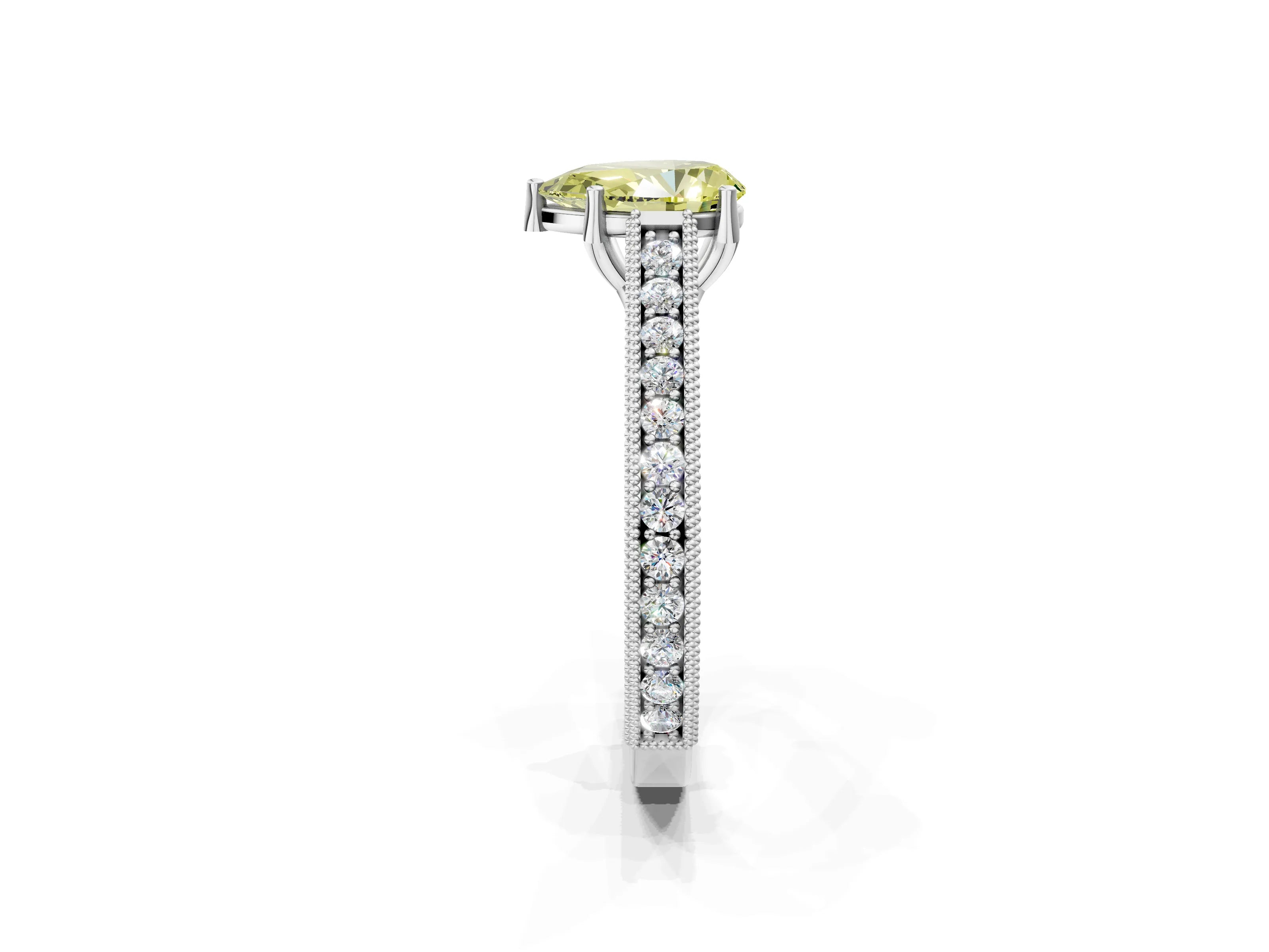 White gold Fancy Yellow Pear Cut Cut Pave Band Milgrain Solitaire Ring_20
