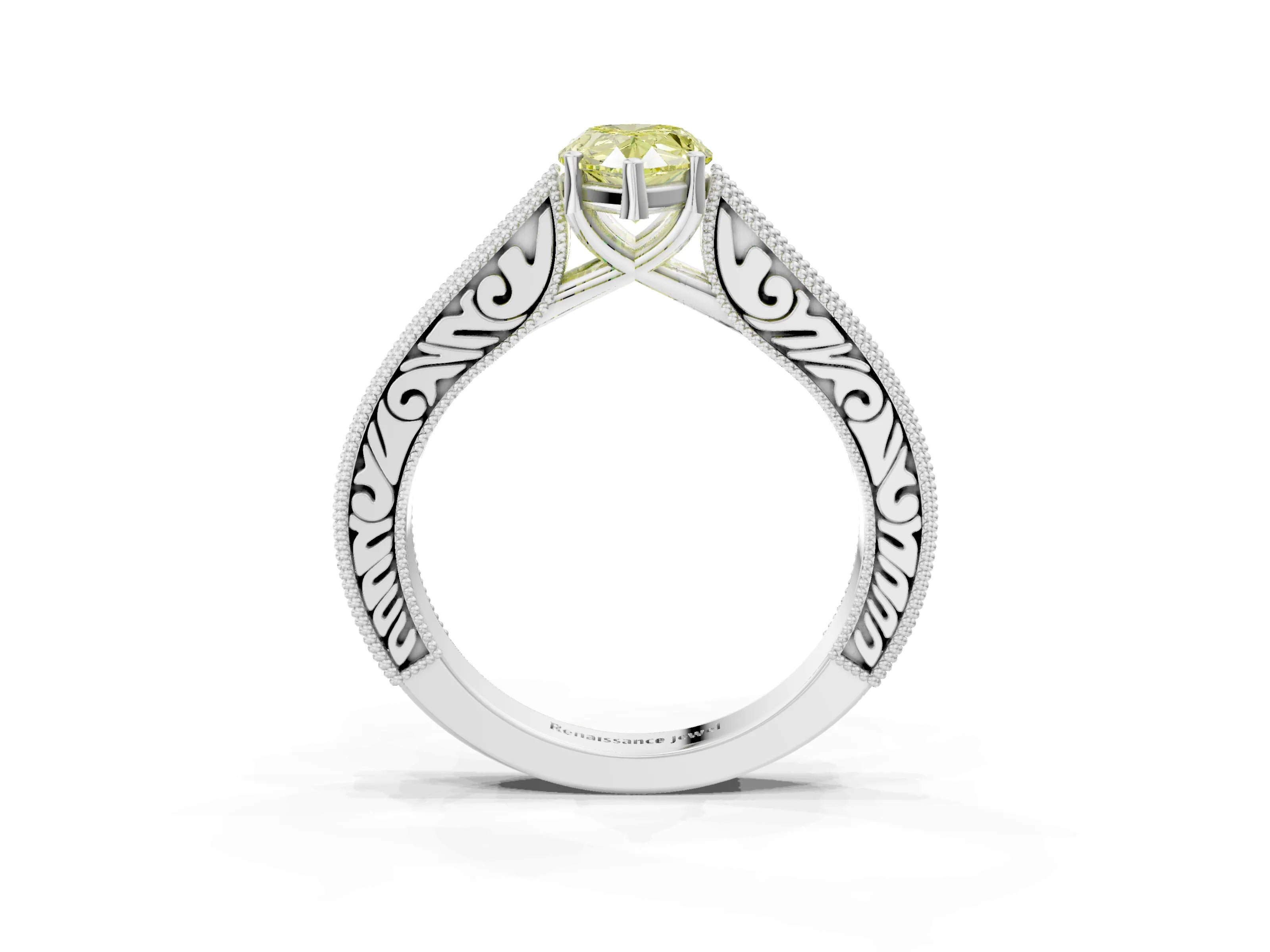 White gold Fancy Yellow Pear Cut Cut Pave Band Milgrain Solitaire Ring_22