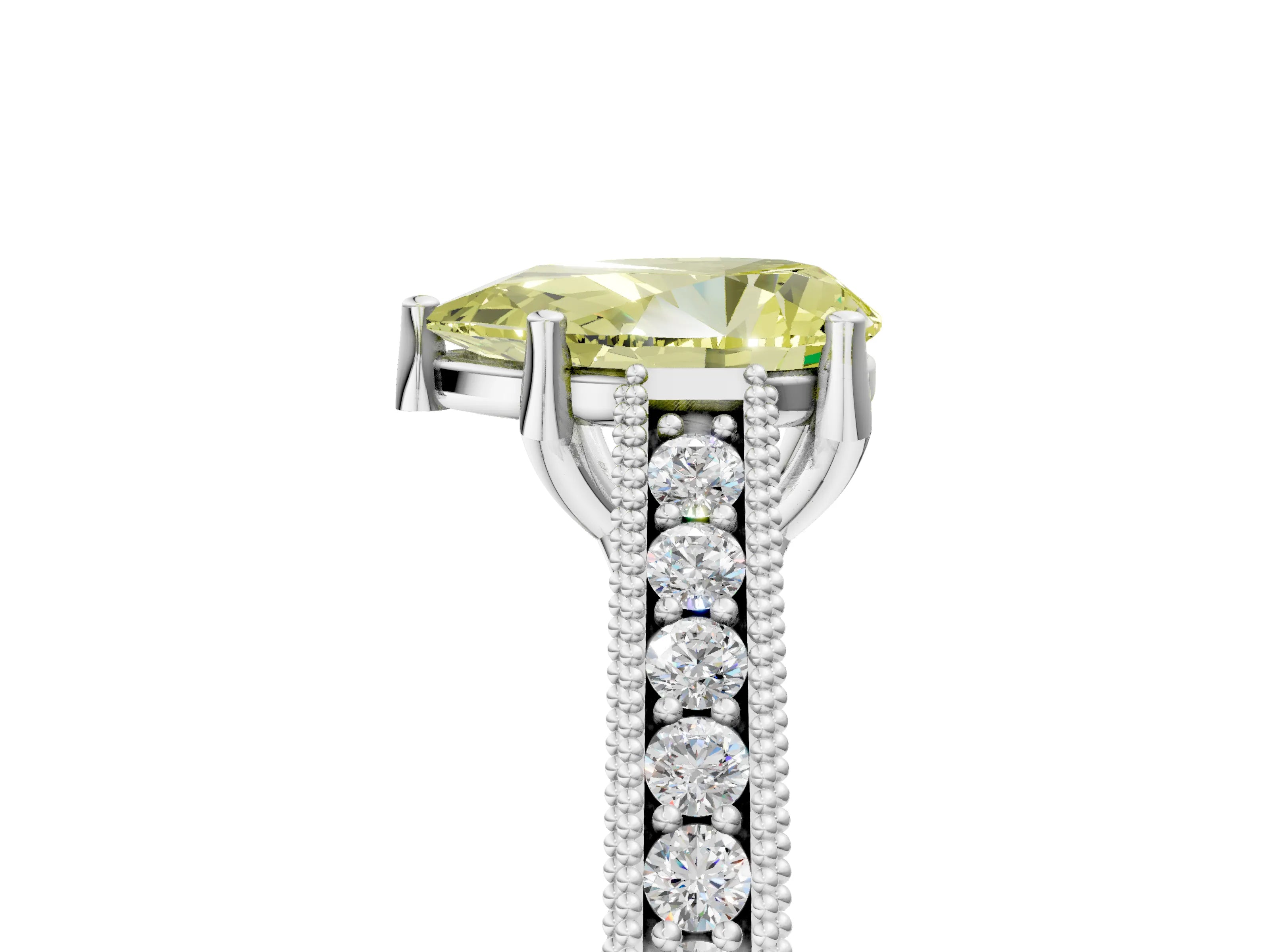 White gold Fancy Yellow Pear Cut Cut Pave Band Milgrain Solitaire Ring_23