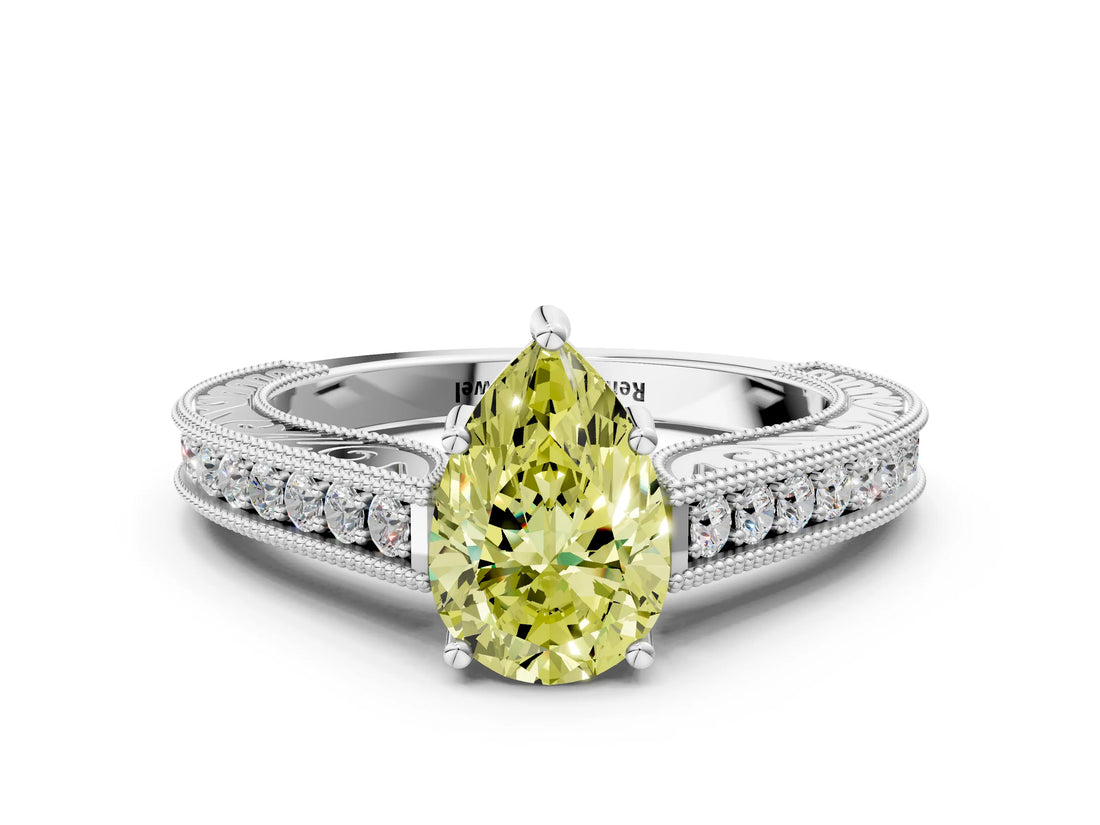 White gold Fancy Yellow Pear Cut Cut Pave Band Milgrain Solitaire Ring_6