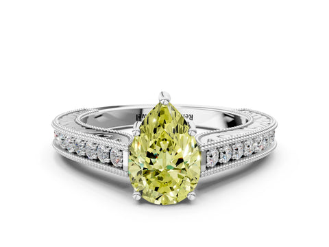 White gold Fancy Yellow Pear Cut Cut Pave Band Milgrain Solitaire Ring_6