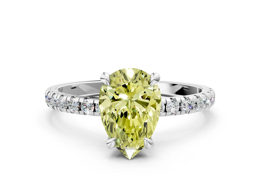 White gold Fancy Yellow Pear Cut Diamond Brilliant Solitaire Ring with Pavé Band and Four-Prong Setting_12