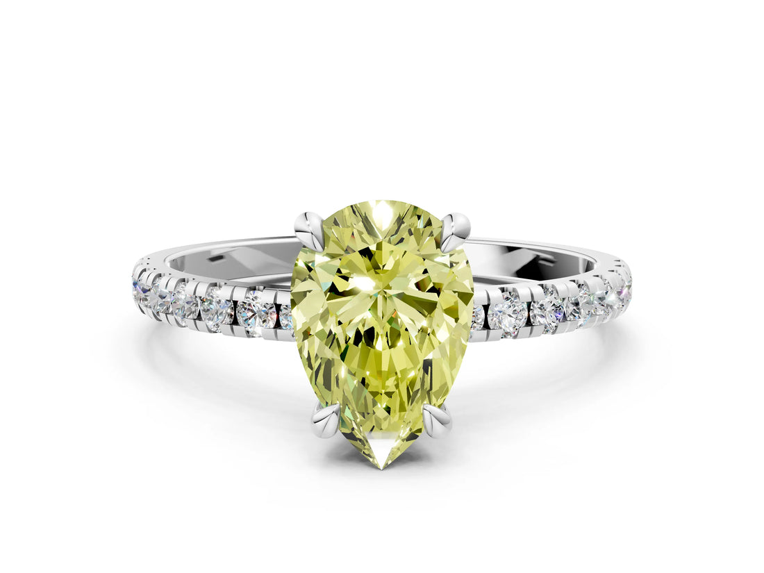 White gold Fancy Yellow Pear Cut Diamond Brilliant Solitaire Ring with Pavé Band and Four-Prong Setting_24