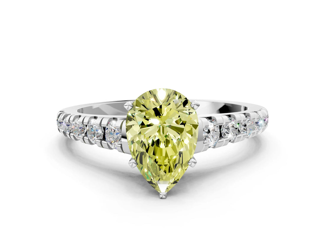 White gold Fancy Yellow Pear Cut Diamond Cathedral Solitaire Ring with Round  Pavé Band_227