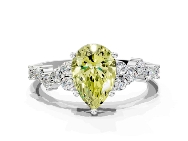Platinum Fancy Yellow Pear Cut Diamond Cluster Pavé Band with Four-Prong Setting