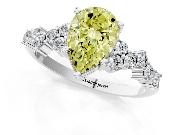 Platinum Fancy Yellow Pear Cut Diamond Cluster Pavé Band with Four-Prong Setting