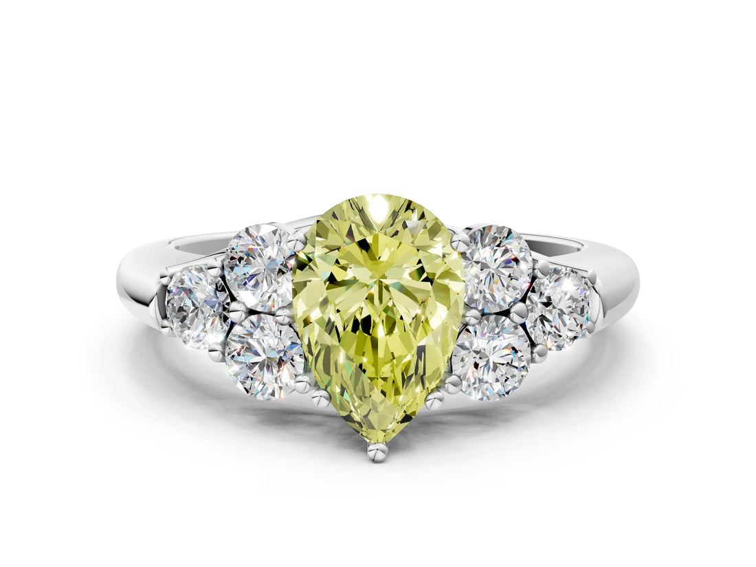 White gold Fancy Yellow Pear  Cut Diamond Cluster Ring with Round Accent Stones and Prong Setting on a Classic Band_33