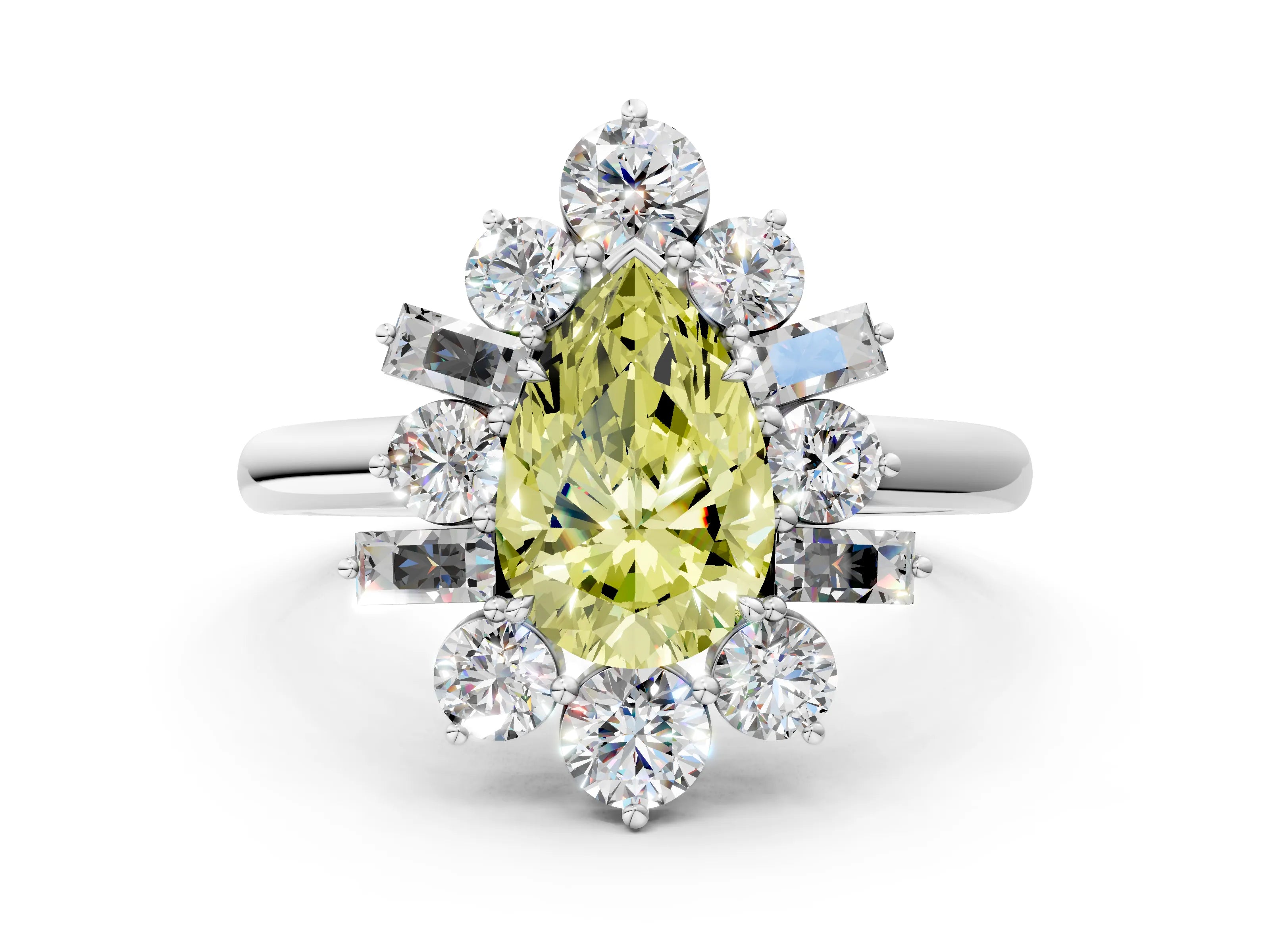 White gold Fancy Yellow Pear Cut Diamond Cluster Ring with Round and Baguette Stones, Split Shank Band, Prong Setting