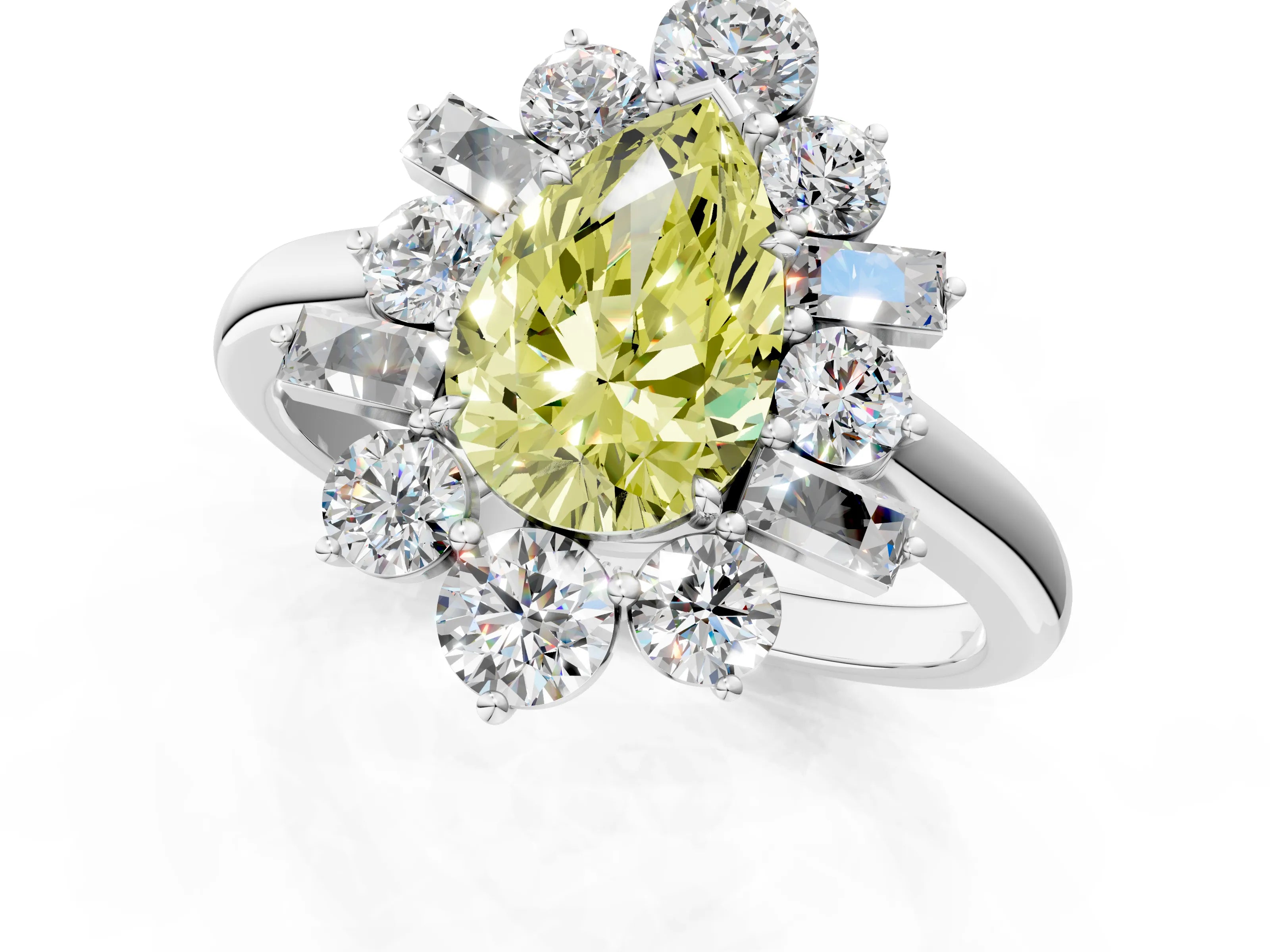 White gold Fancy Yellow Pear Cut Diamond Cluster Ring with Round and Baguette Stones, Split Shank Band, Prong Setting_1