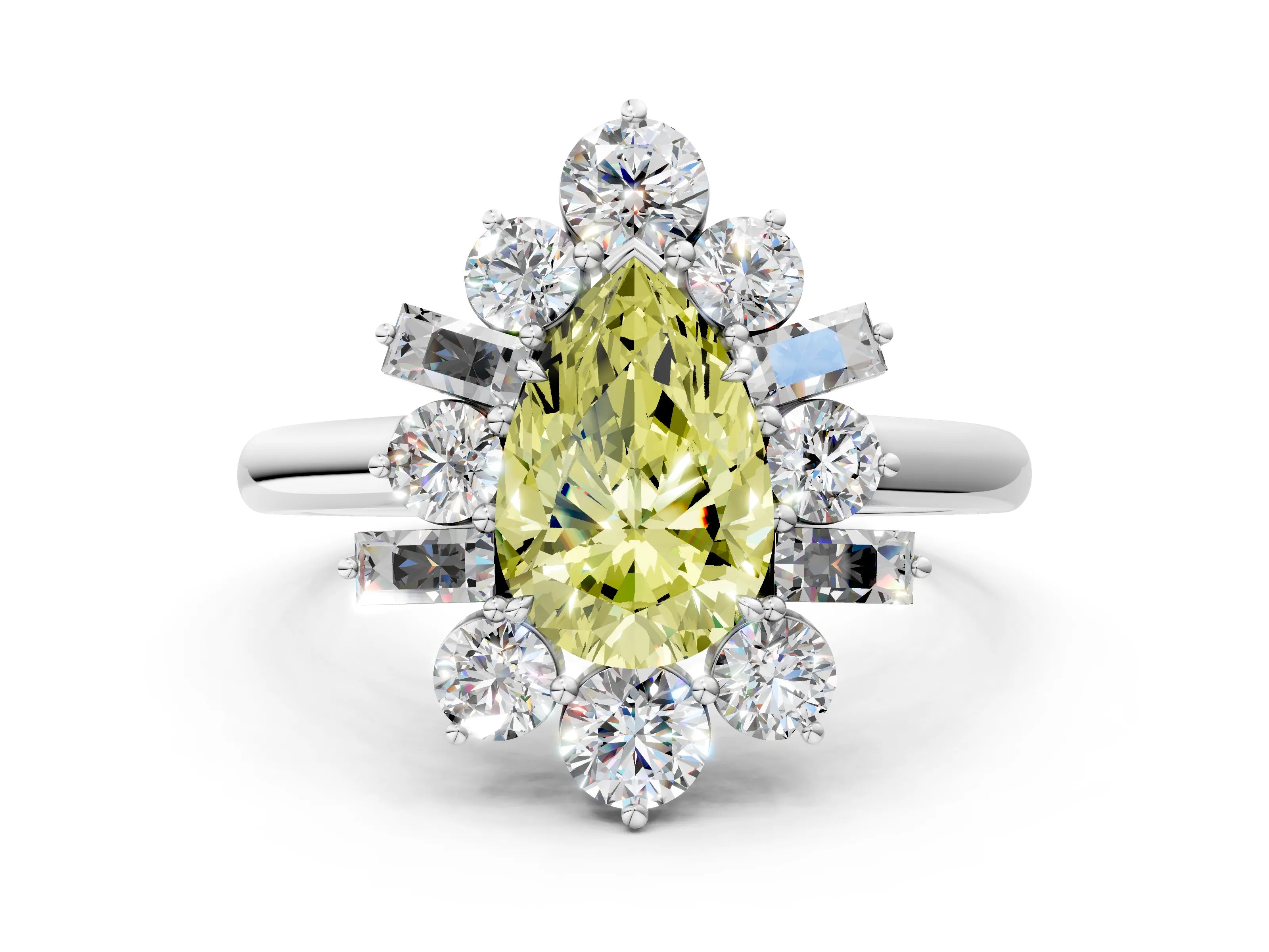 White gold Fancy Yellow Pear Cut Diamond Cluster Ring with Round and Baguette Stones, Split Shank Band, Prong Setting_12