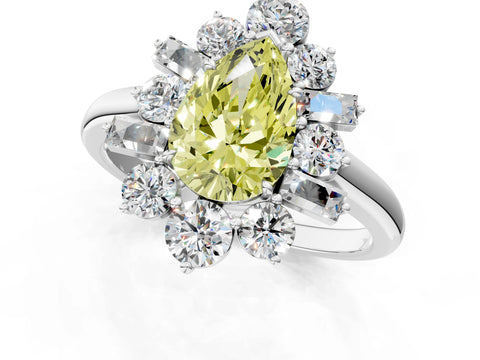 White gold Fancy Yellow Pear Cut Diamond Cluster Ring with Round and Baguette Stones, Split Shank Band, Prong Setting_13