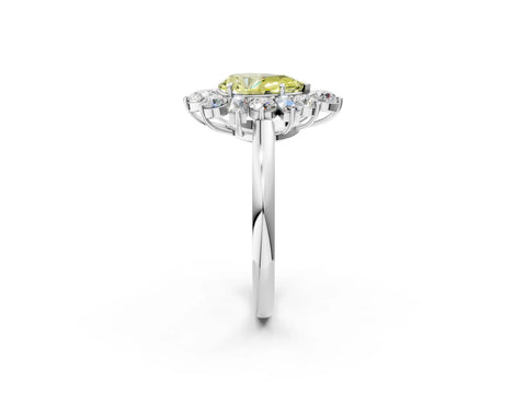 White gold Fancy Yellow Pear Cut Diamond Cluster Ring with Round and Baguette Stones, Split Shank Band, Prong Setting_14