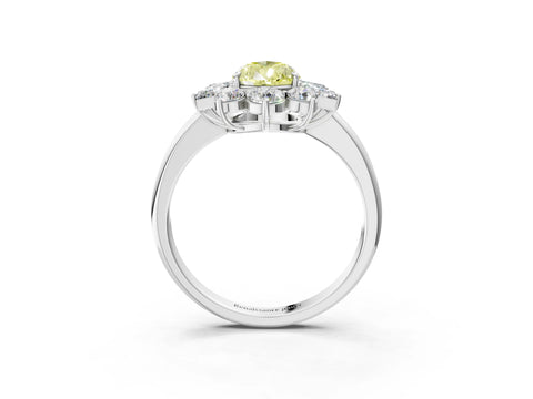 White gold Fancy Yellow Pear Cut Diamond Cluster Ring with Round and Baguette Stones, Split Shank Band, Prong Setting_15