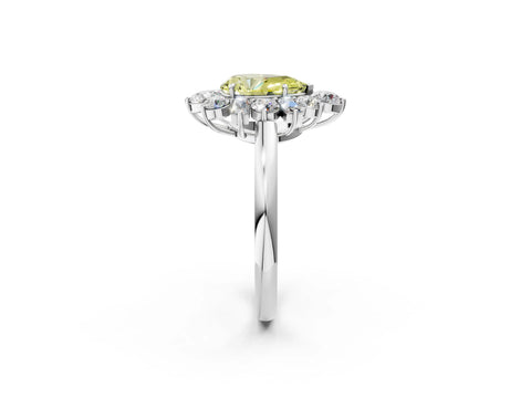 White gold Fancy Yellow Pear Cut Diamond Cluster Ring with Round and Baguette Stones, Split Shank Band, Prong Setting_2