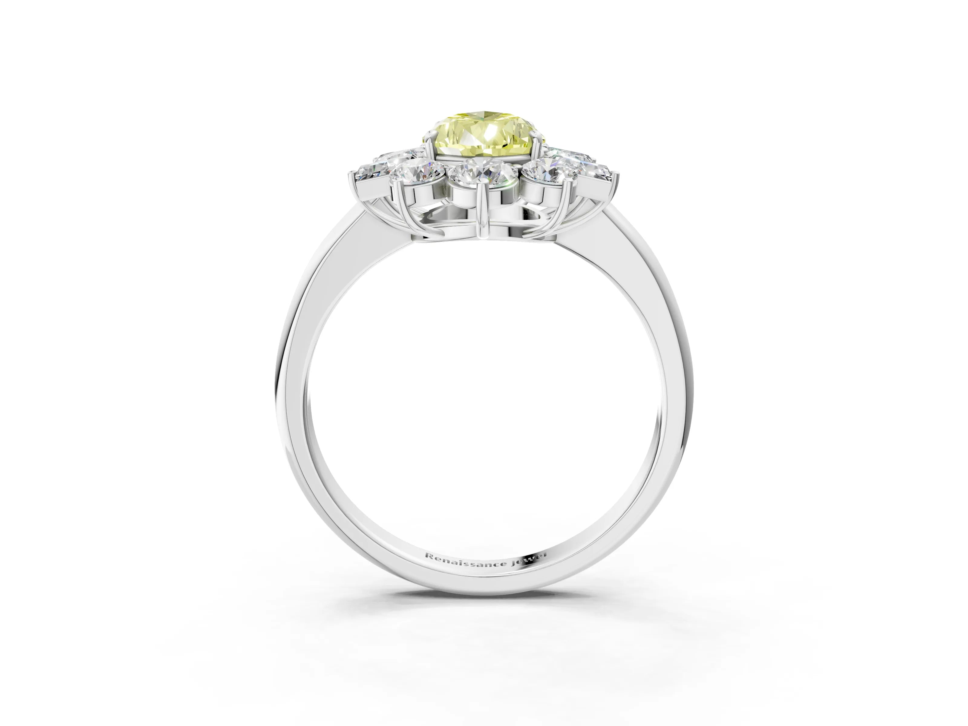 White gold Fancy Yellow Pear Cut Diamond Cluster Ring with Round and Baguette Stones, Split Shank Band, Prong Setting_3
