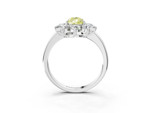 White gold Fancy Yellow Pear Cut Diamond Cluster Ring with Round and Baguette Stones, Split Shank Band, Prong Setting_3