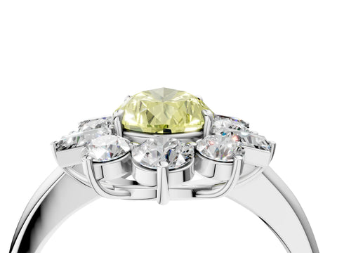 White gold Fancy Yellow Pear Cut Diamond Cluster Ring with Round and Baguette Stones, Split Shank Band, Prong Setting_4