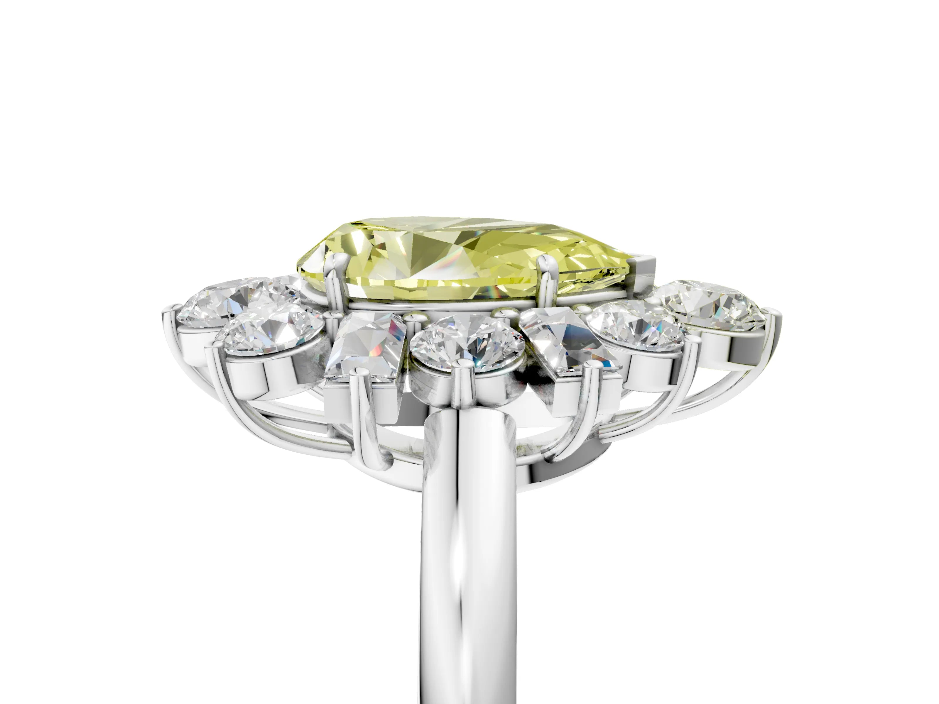 White gold Fancy Yellow Pear Cut Diamond Cluster Ring with Round and Baguette Stones, Split Shank Band, Prong Setting_5