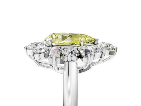 White gold Fancy Yellow Pear Cut Diamond Cluster Ring with Round and Baguette Stones, Split Shank Band, Prong Setting_5