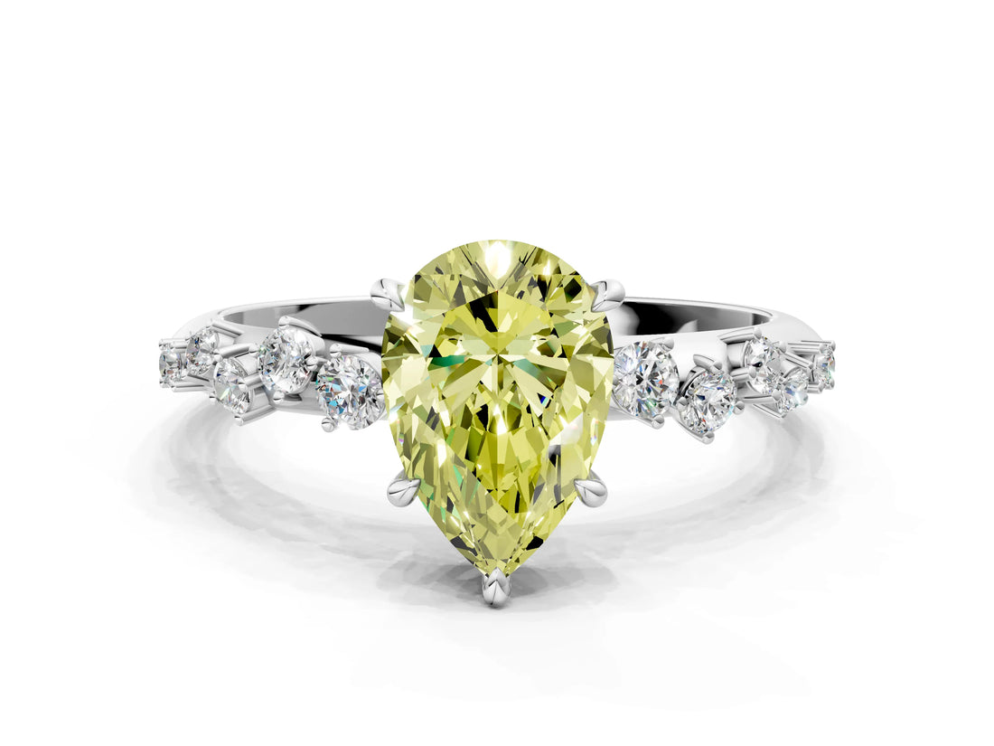 White gold Fancy Yellow Pear Cut Diamond Cluster Side Stone Solitaire Ring with Prong Setting_108