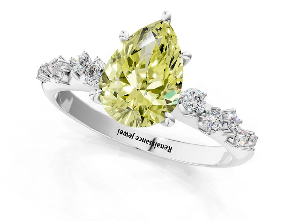 White gold Fancy Yellow Pear Cut Diamond Cluster Side Stone Solitaire Ring with Prong Setting