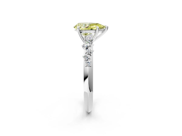 White gold Fancy Yellow Pear Cut Diamond Cluster Side Stone Solitaire Ring with Prong Setting