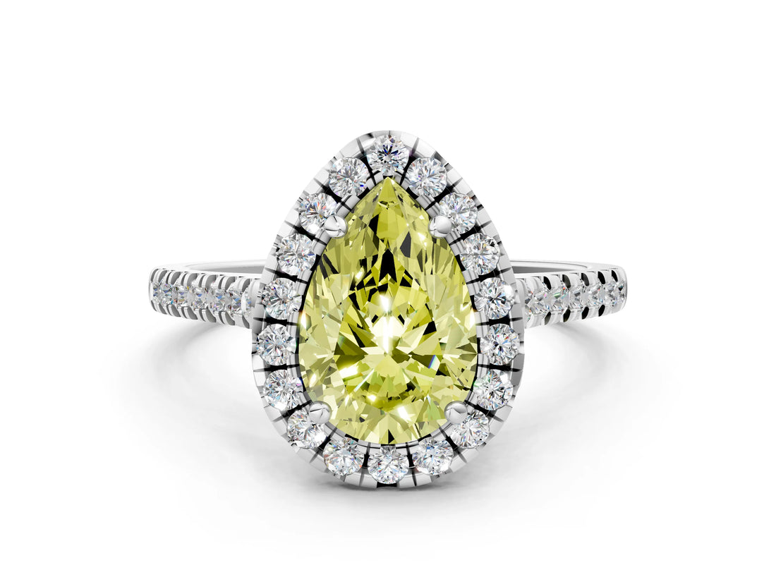 White gold Fancy Yellow Pear Cut Diamond Cushion Halo Ring with Pavé Band_12