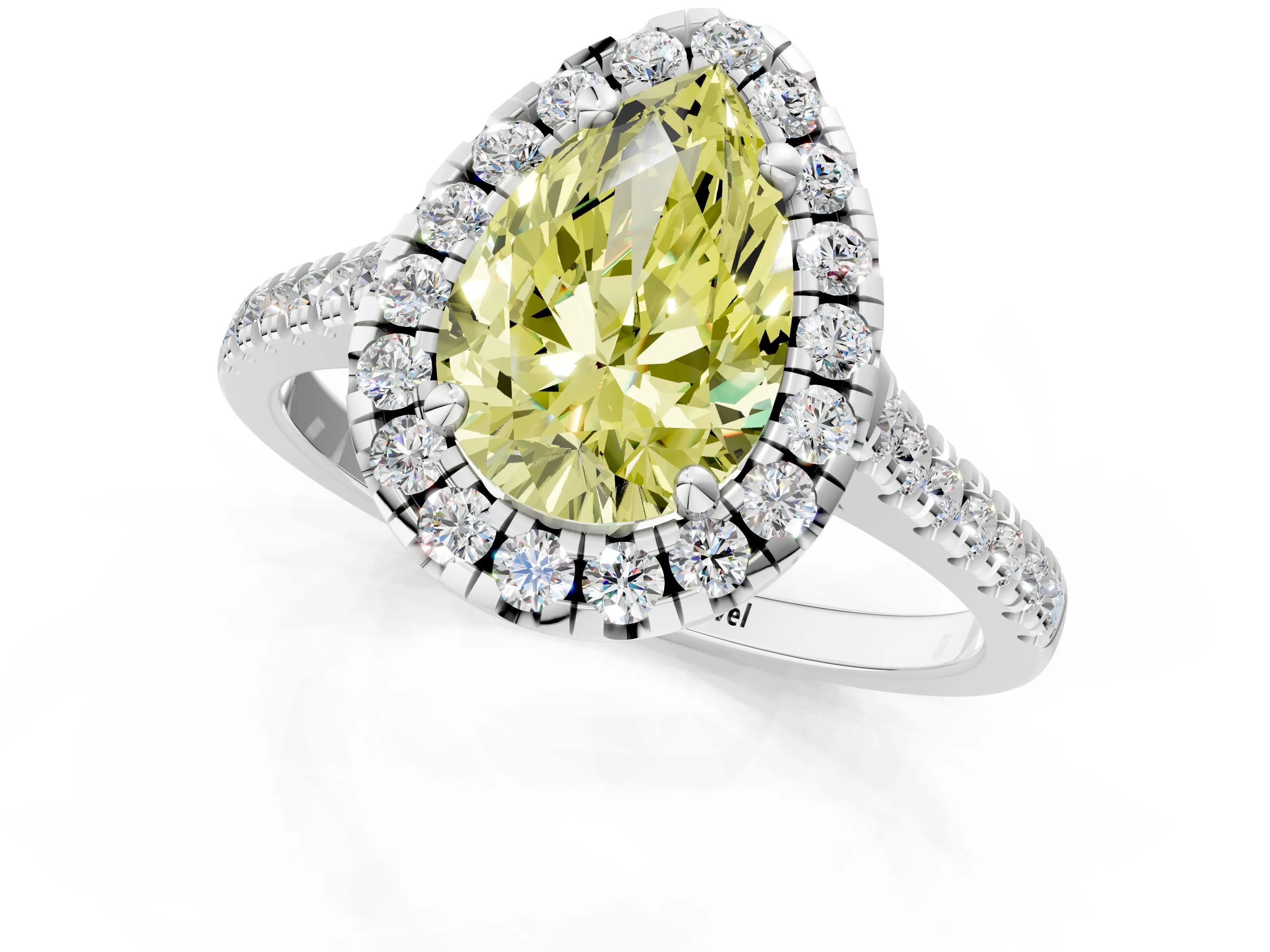 White gold Fancy Yellow Pear Cut Diamond Cushion Halo Ring with Pavé Band_1