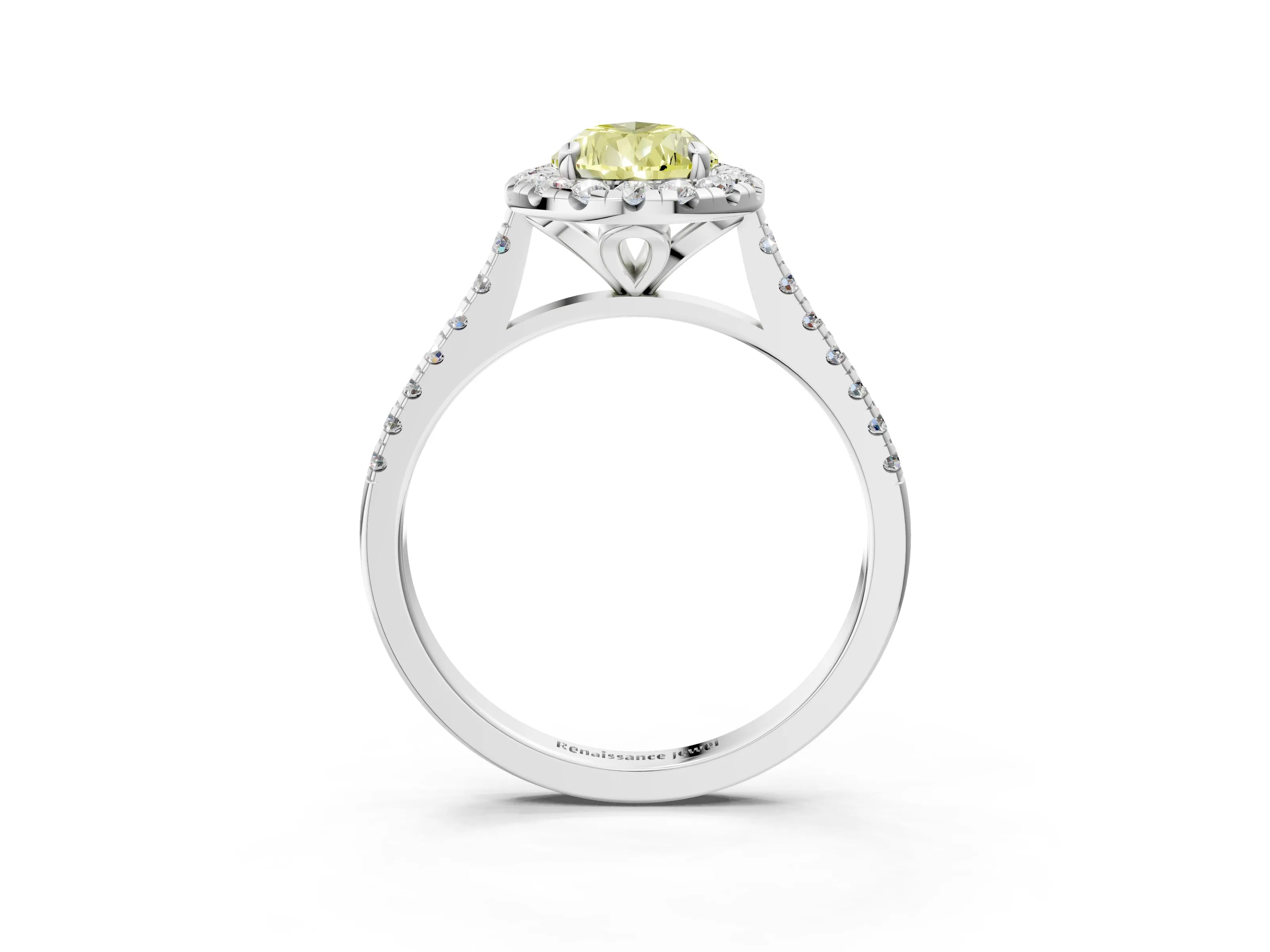 White gold Fancy Yellow Pear Cut Diamond Cushion Halo Ring with Pavé Band_3