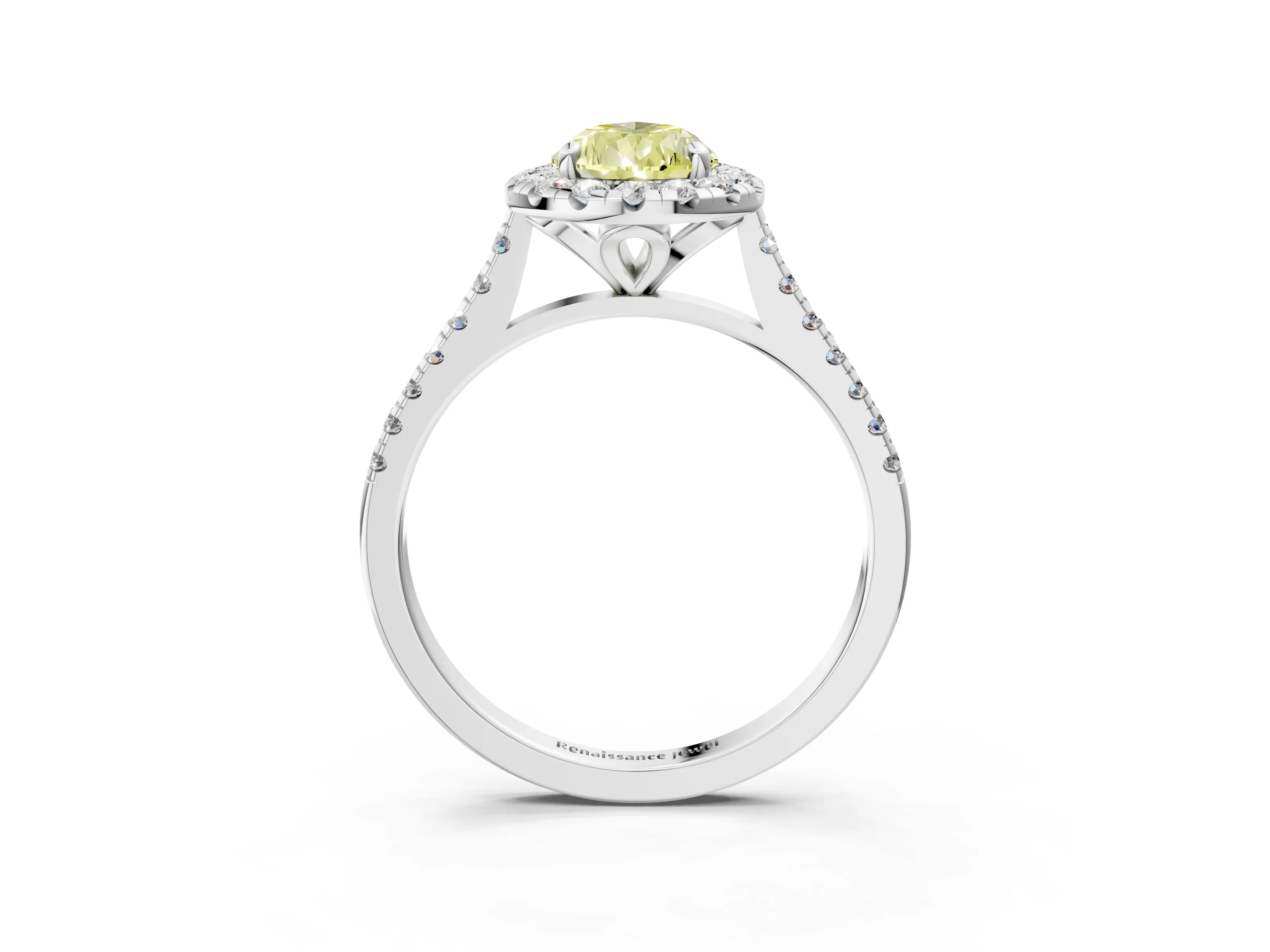 White gold Fancy Yellow Pear Cut Diamond Cushion Halo Ring with Pavé Band_3