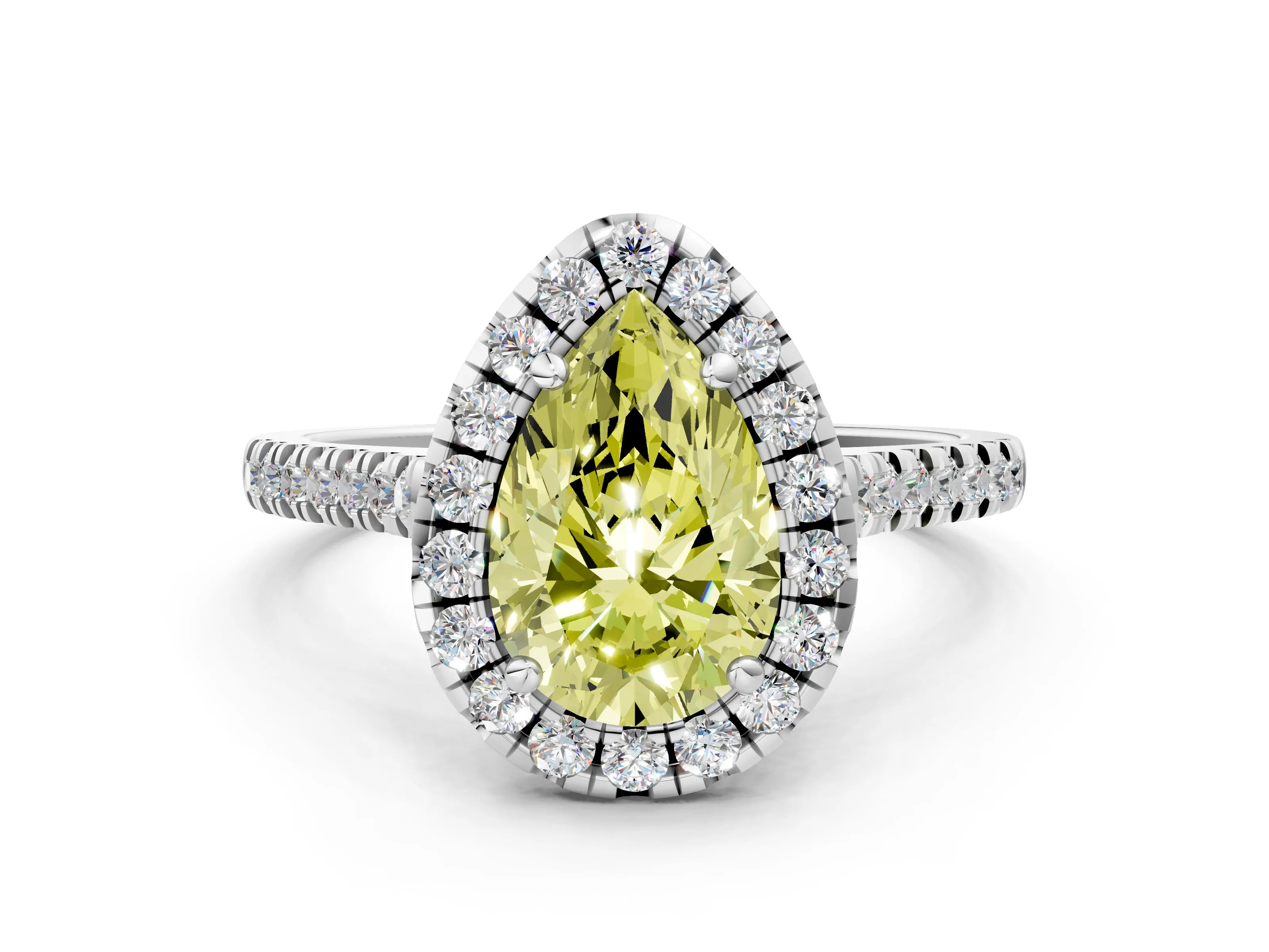 White gold Fancy Yellow Pear Cut Diamond Cushion Halo Ring with Pavé Band