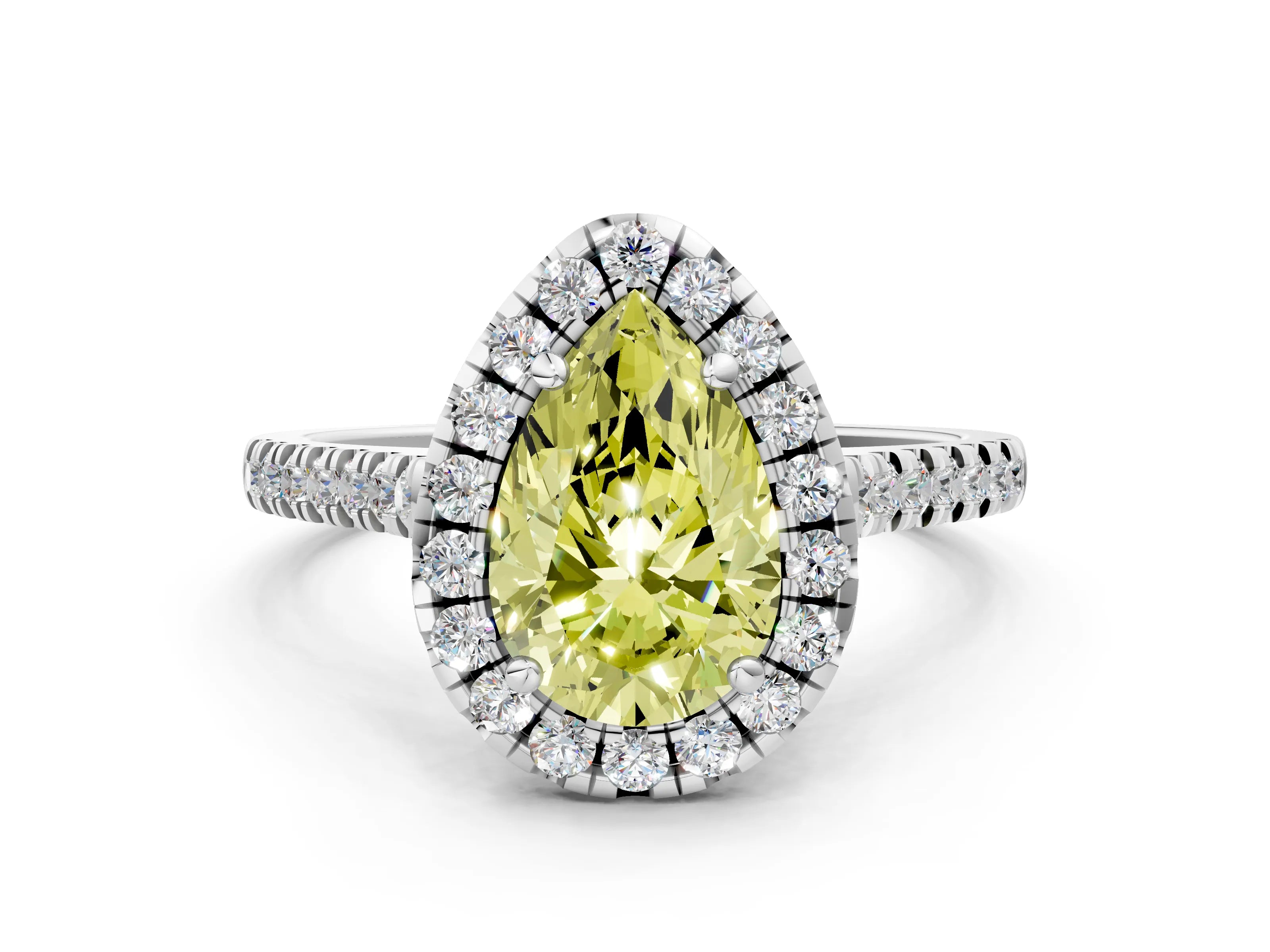 White gold Fancy Yellow Pear Cut Diamond Cushion Halo Ring with Pavé Band