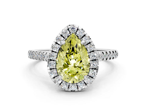 White gold Fancy Yellow Pear Cut Diamond Cushion Halo Ring with Pavé Band