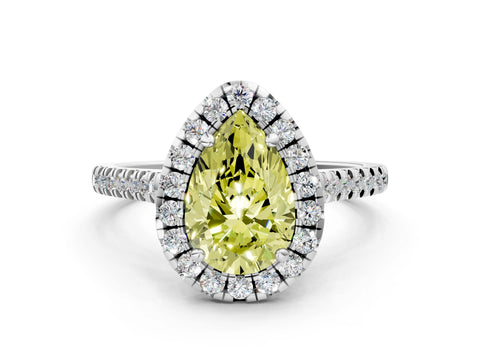 White gold Fancy Yellow Pear Cut Diamond Cushion Halo Ring with Pavé Band