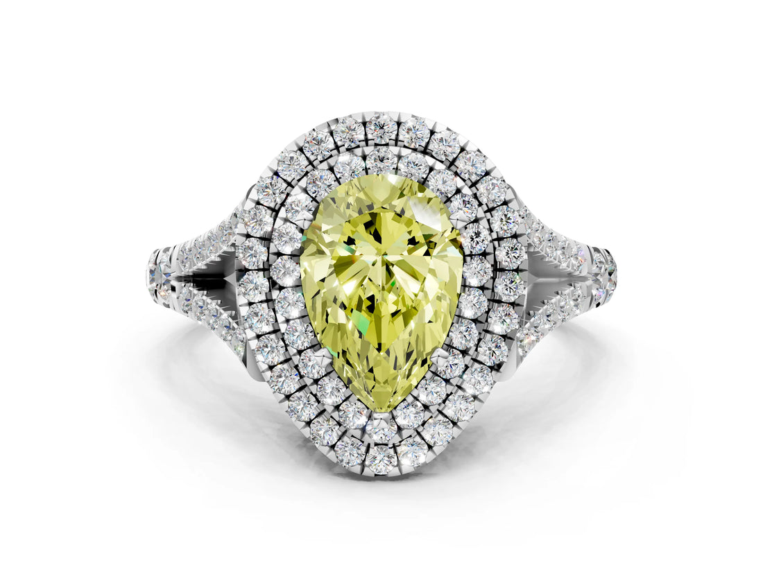 White gold Fancy Yellow Pear Cut Diamond Double Halo Ring with Split Shank and Prong Setting_27