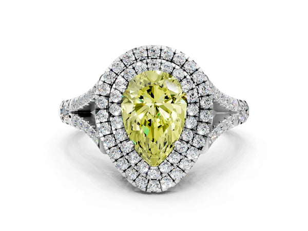 White gold Fancy Yellow Pear Cut Diamond Double Halo Ring with Split Shank and Prong Setting