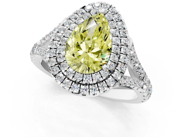 White gold Fancy Yellow Pear Cut Diamond Double Halo Ring with Split Shank and Prong Setting