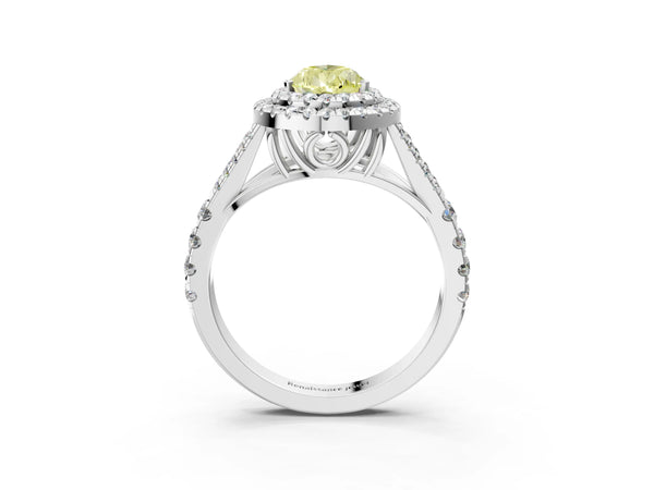 White gold Fancy Yellow Pear Cut Diamond Double Halo Ring with Split Shank and Prong Setting