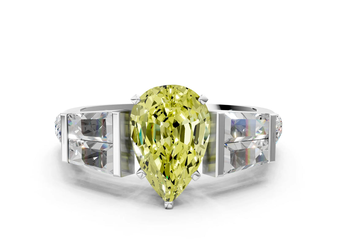 White gold Fancy Yellow Pear Cut Diamond Engagement Ring with Baguette Side Stones and Channel Set Band_32