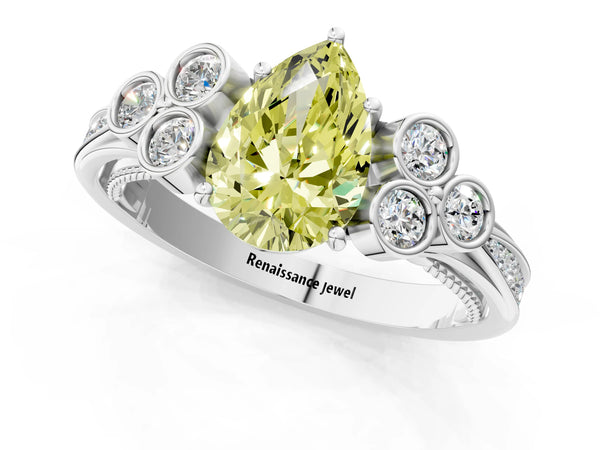 Platinum Fancy Yellow Pear  Cut Diamond Engagement Ring with Bezel Set Round Side Stones and Prong Setting