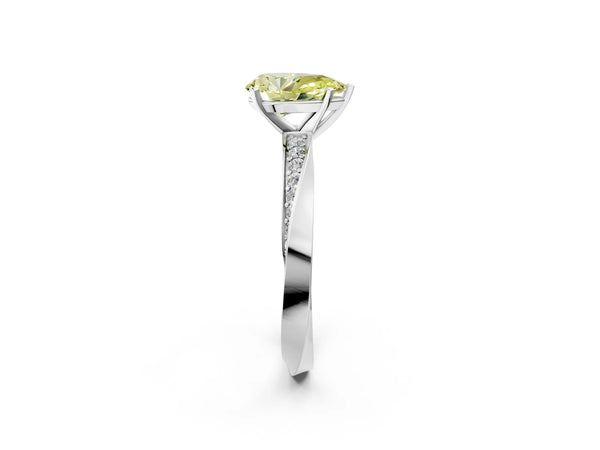 White gold Fancy Yellow Pear Cut Diamond Engagement Ring with Side Stone Accents and Four-Prong Setting