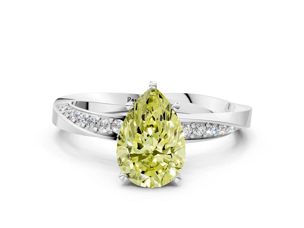 White gold Fancy Yellow Pear Cut Diamond Engagement Ring with Side Stone Accents and Four-Prong Setting