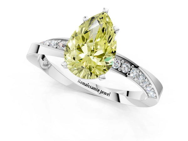 White gold Fancy Yellow Pear Cut Diamond Engagement Ring with Side Stone Accents and Four-Prong Setting